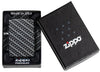 Frontansicht Zippo Feuerzeug White Matte mit 540 Grad Color Image und Rechteckeckige Kacheln als Muster in geöffneter Geschenkverpackung
