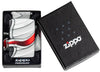 Frontansicht Zippo Feuerzeug White Matte 540 Grad Color Image der Zippo Flamme in geöffneter Geschenkverpackung