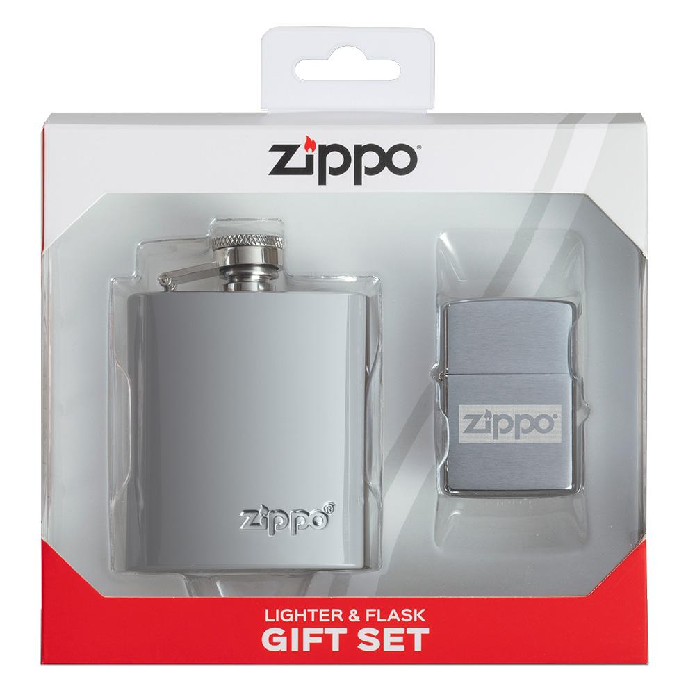 Frontansicht  Zippo Geschenkset Flachmann und Feuerzeug chrom