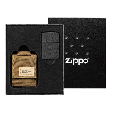 Zippo Feuerzeug Geschenkbox Frontansicht mit Deckel Black Crackle Feuerzeug und beige Feuerzeugtasche