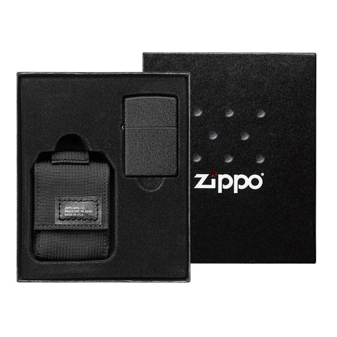 Zippo Feuerzeug Geschenkbox Frontansicht mit Deckel Black Crackle Feuerzeug und schwarze Feuerzeugtasche