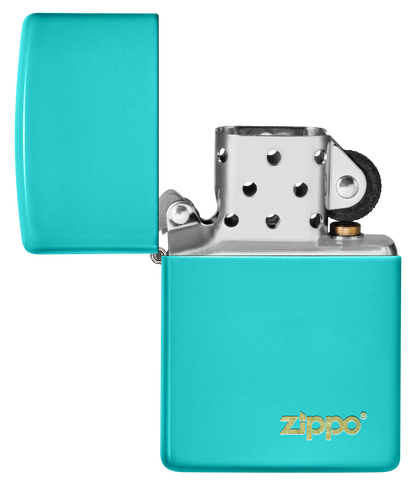 Briquet Zippo vue de face du briquet tempête Zippo Flat Turquoise avec logo éteint, sans flamme