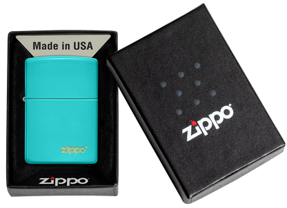 Briquet tempête Zippo Flat Turquoise avec logo dans sa boîte cadeau