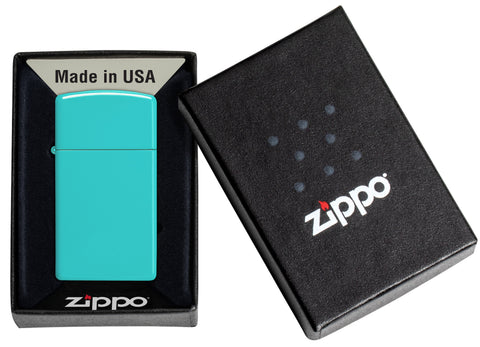 Zippo Feuerzeug Slim Flat Turquoise Basismodell in offener Geschenkverpackung