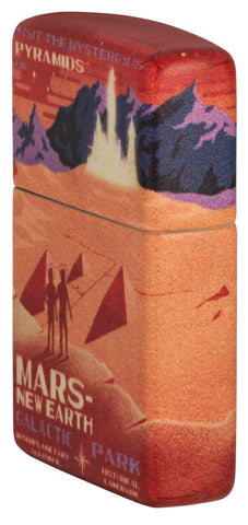 Seitenansicht vorne 3/4 Winkel Zippo Feuerzeug 540 Grad rote Marslandschaft mit zwei Astronauten Online Only