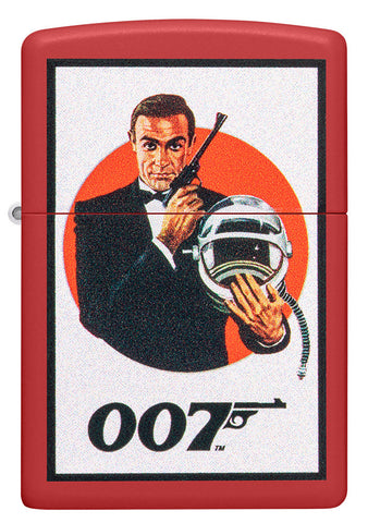 Zippo Feuerzeug Frontansicht mattrot mit James Bond 007™ in einem schwarzen Anzug sowie Pistole und Astronautenhelm