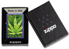 Zippo Feuerzeug Frontansicht lila matt mit Abbildung von Cannabis Pflanzen in offener Box