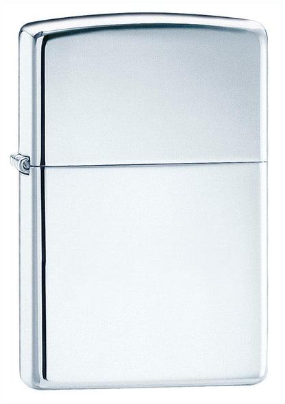 Frontansicht 3/4 Winkel Zippo Feuerzeug Basismodell Chrom Hochglanz