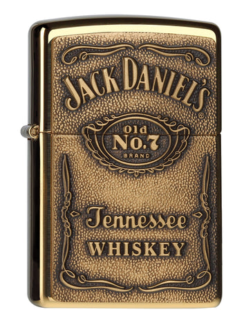 Frontansicht 3/4 Winkel Zippo Feuerzeug Messing Jack Daniel's Logo Emblem