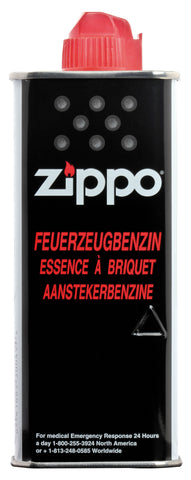Frontansicht Zippo Feuerzeugbenzin Metallflasche mit Plastikkappe