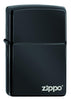 Frontansicht 3/4 Winkel Zippo Feuerzeug Basismodell schwarz hochglanz mit Zippo Logo