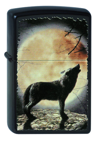 Frontansicht Zippo Feuerzeug schwarz Wolf vor Vollmond