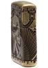 Seitenansicht Front Zippo Feuerzeug Messing antik mit tiefe eingraviertem Totenkopf mit mechanischen Elementen
