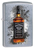 Frontansicht 3/4 Winkel Zippo Feuerzeug chrom Jack Daniel's Flasche in der Mitte