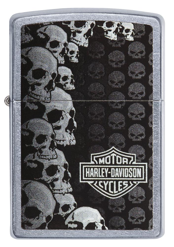 Frontansicht Zippo Feuerzeug Harley-Davidson Logo umgeben von Totenköpfen in verschiedenen Größen