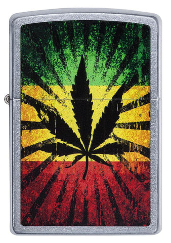 Frontansicht  Zippo Feuerzeug chrom mit Hanfblatt auf Jamaikafarben Hintergrund