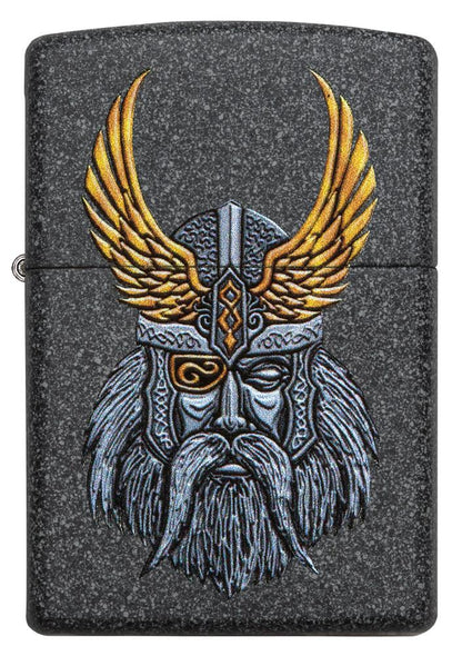 Frontansicht Zippo Feuerzeug grau mit dem Kopf von Göttervater Odin