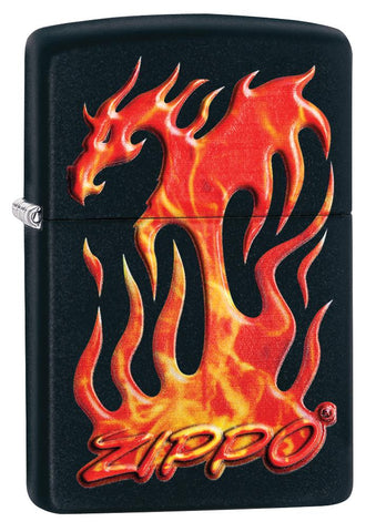 Frontansicht Zippo Feuerzeug Drache aus rot-gelben Flammen bestehend mit retro Zippo Logo darunter