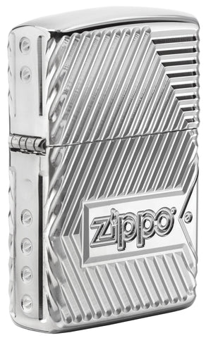 Frontansicht 3/4 Winkel Zippo Feuerzeug mit tief eingravierten Linien und Zippo Logo