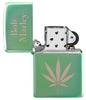 Zippo Feuerzeug Frontansicht Hochglanz Grün geöffnet mit Bob Marley Schriftzug und großem Hanfblatt