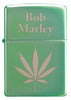 Zippo Feuerzeug Frontansicht Hochglanz Grün mit Bob Marley Schriftzug und großem Cannabis Blatt