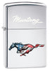 Frontansicht 3/4 Winkel Zippo Feuerzeug Chrom Mustang Pferd in Farben der US Flagge