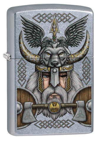 Frontansicht 3/4 Winkel Zippo Feuerzeug chrom Odin mit Helm