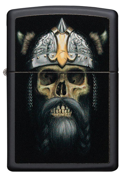 Frontansicht Zippo Feuerzeug schwarz Wikinger Totenkopf mit Bart und Helm