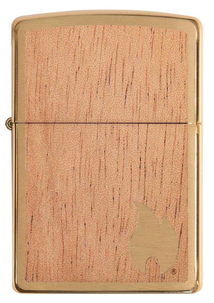 Frontansicht Zippo Woodchuck Mahagoni Holz mit kleiner goldfarbenen Zippo Flamme in unterer rechter Ecke