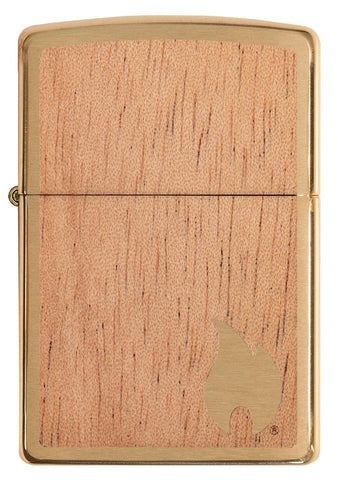 Frontansicht Zippo Woodchuck Mahagoni Holz mit kleiner goldfarbenen Zippo Flamme in unterer rechter Ecke
