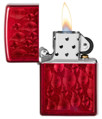 Zippo Feuerzeug Frontansicht Basismodell geöffnet und angezündet in rot mit optisch rauer Oberfläche und vielen abgebildeten Zippo Flammen