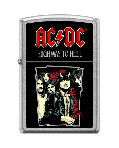 Zippo Feuerzeug AC/DC® Frontansicht mit Highway to Hell Albumcover inspiriertem Farbaufdruck in rot schwarz