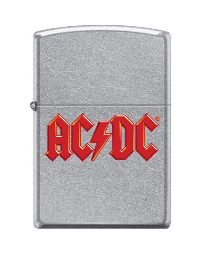 Zippo Feuerzeug AC/DC® Frontansicht in Street Chrome Optik mit AC/DC® Logo in rot