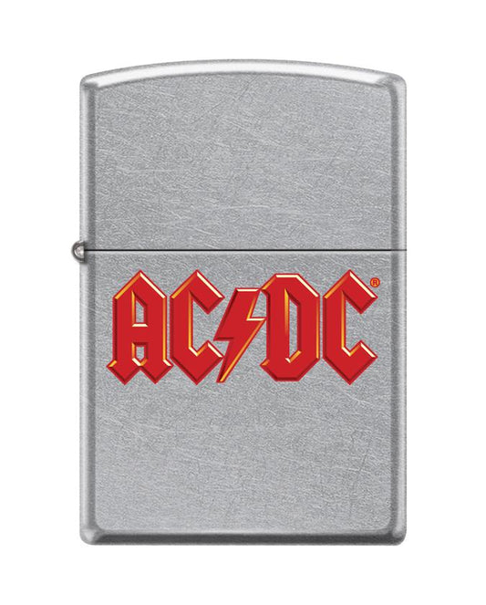 Zippo Feuerzeug AC/DC® Frontansicht in Street Chrome Optik mit AC/DC® Logo in rot
