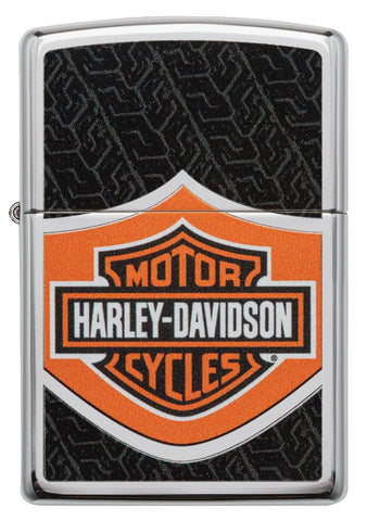 Frontansicht Zippo Feuerzeug Chrom Harley Davidson Logo orange schwarz weiß