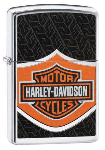 Frontansicht 3/4 Winkel Zippo Feuerzeug Chrom Harley Davidson Logo orange schwarz weiß