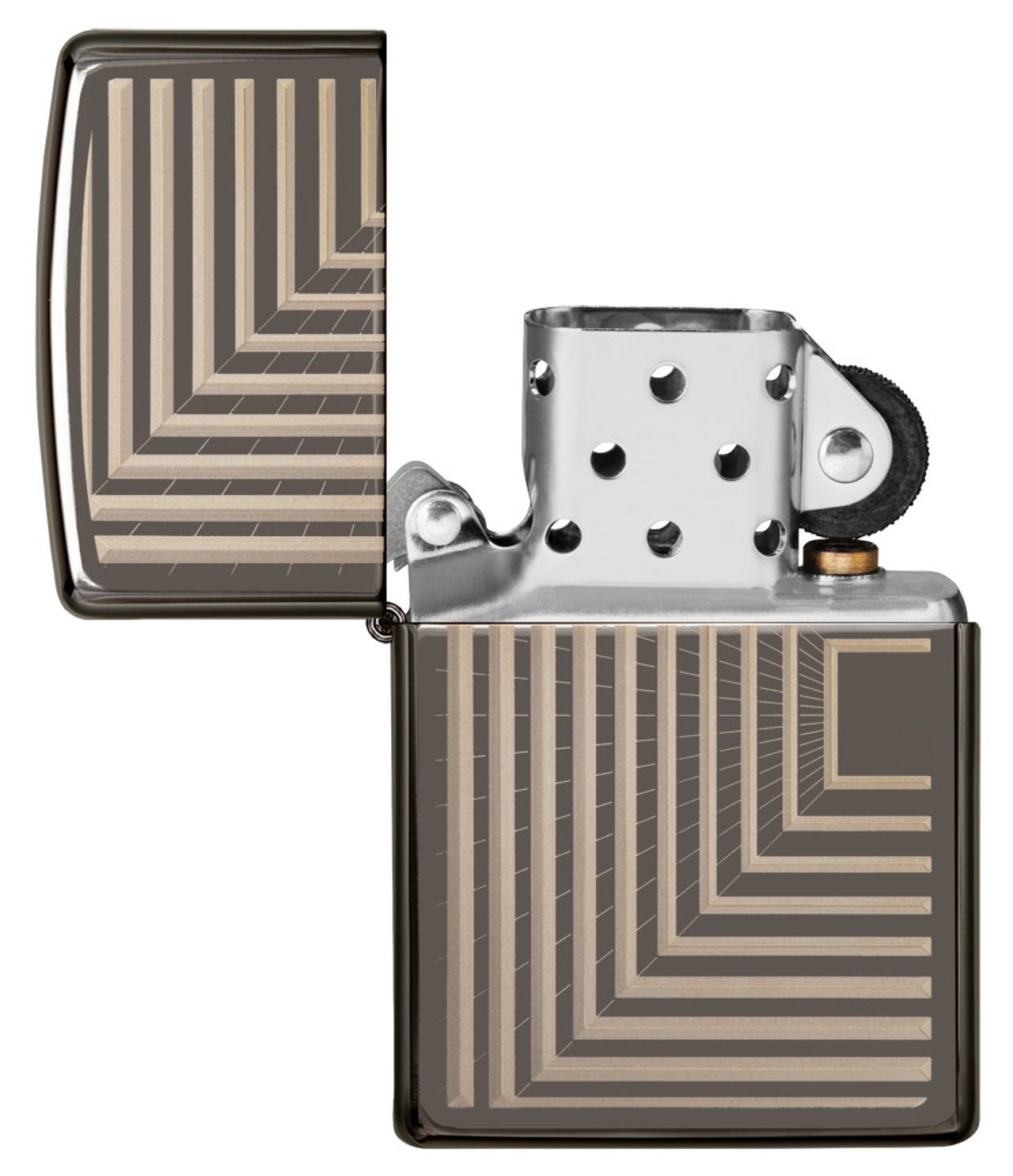 Zippo Feuerzeug Frontansicht Black Ice® geöffnet mit eingravierten geometrisch angeordneten Linien