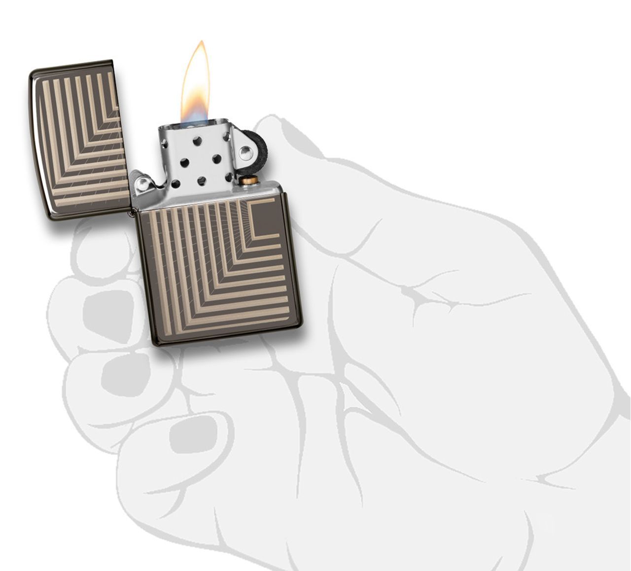 Zippo Feuerzeug Frontansicht Black Ice® geöffnet und angezündet mit eingravierten geometrisch angeordneten Linien in stilisierter Hand
