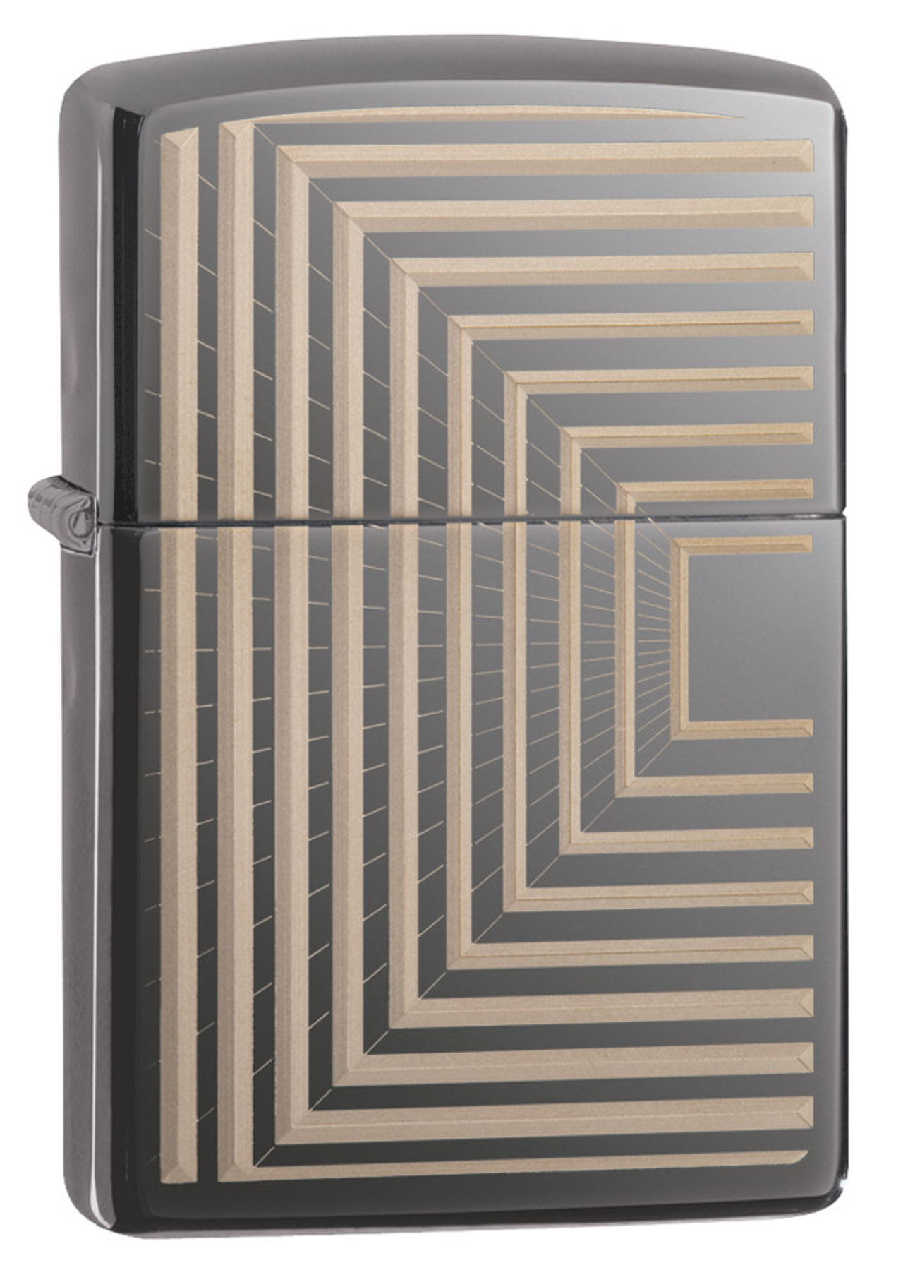 Zippo Feuerzeug Frontansicht ¾ Winkel Black Ice® mit eingravierten geometrisch angeordneten Linien