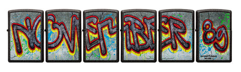 sechs limitierte Zippo Feuerzeuge Frontansicht Black Crackle mit November 89 Graffiti Schriftzug über alle Feuerzeuge verteilt