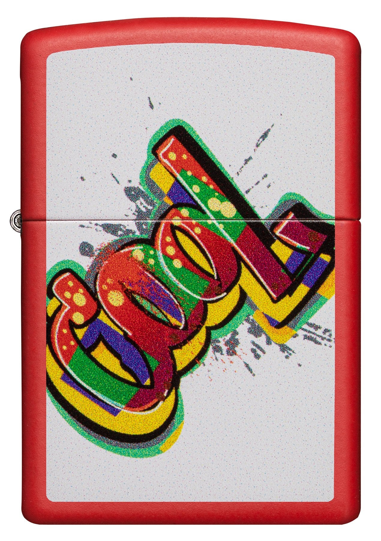 Zippo Feuerzeug Frontansicht rot matt mit "Cool" Schriftzug in verschiedenen Farben auf weißem Hintergrund