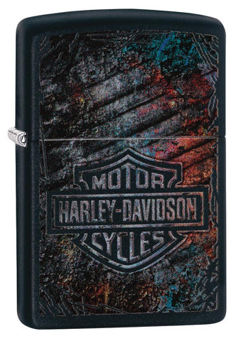 Frontansicht 3/4 Winkel Zippo Feuerzeug schwarz mit Harley Davidson Logo auf buntem Hintergrund