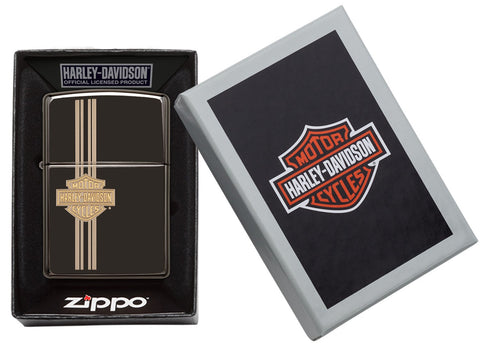 Zippo Feuerzeug schwarz Hochglanz Kleines Harley Davidson Logo graviert in offener Box