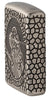 Zippo Armor® Feuerzeug Seitenansicht ¾ Winkel in chrom antik mit Sankt Christopherus Abbildung tief eingraviert in ovaler Form umgeben von Wabenmuster