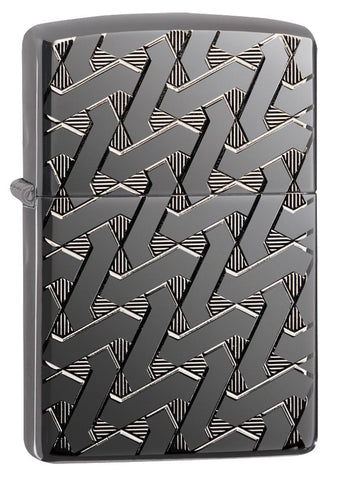 Frontansicht 3/4 Winkel Zippo Feuerzeug grau glänzend mit verschlungenen Zick-Zack-Linien