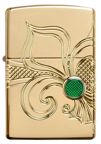 Frontansicht Zippo Feuerzeug Messing hochglanz tief gravierte Fleur de Lis Lilie