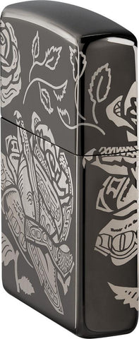 Zippo Feuerzeug Seitenansicht ¾ Winkel Black Ice® mit 360° eingravierter Abbildung von einem Geldschein in Form einer Rose