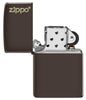 Zippo Feuerzeug Frontansicht braun matt Basismodell geöffnet mit Zippo Logo