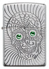 Frontansicht Zippo Feuerzeug mit tief eingraviertem Totenkopf mit Augen aus Kristall Elementen