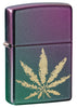 Zippo Feuerzeug Frontansicht ¾ Winkel in türkis und lila Irisierend mit Hanfblatt Lasergravur